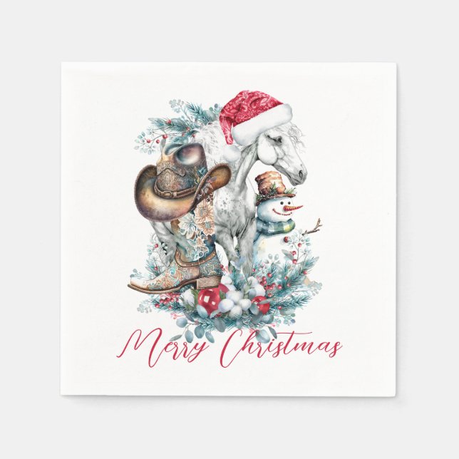 Christmas horse in Santa hat cowgirl cowboy boots  Napkins (Front)