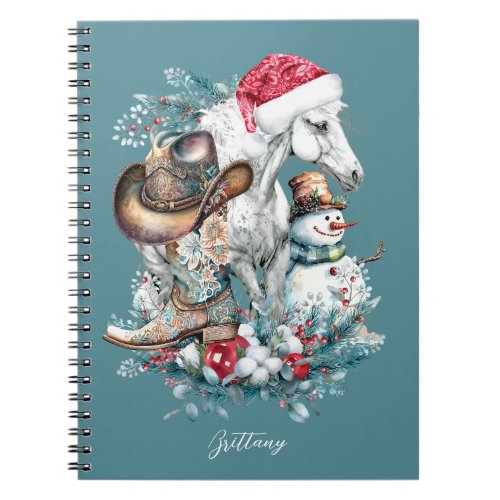 Christmas horse in Santa hat cowgirl cowboy boots  Notebook