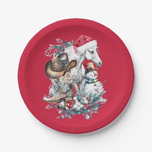 Christmas horse in Santa hat cowgirl cowboy boots  Paper Plates