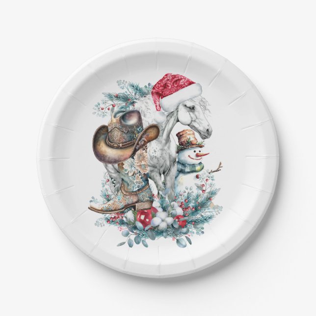 Christmas horse in Santa hat cowgirl cowboy boots  Paper Plates (Front)