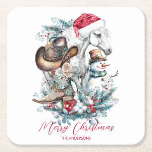 Christmas horse in Santa hat cowgirl cowboy boots  Square Paper Coaster