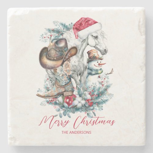 Christmas horse in Santa hat cowgirl cowboy boots  Stone Coaster