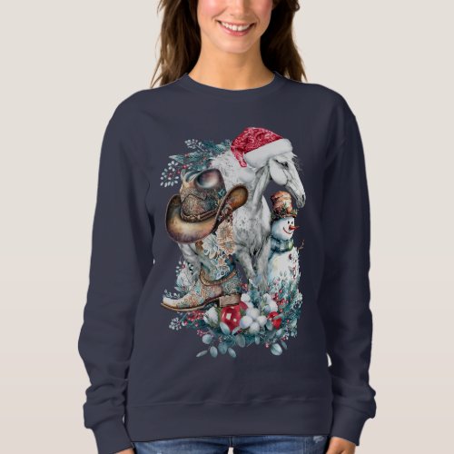 Christmas horse in Santa hat cowgirl cowboy boots  Sweatshirt