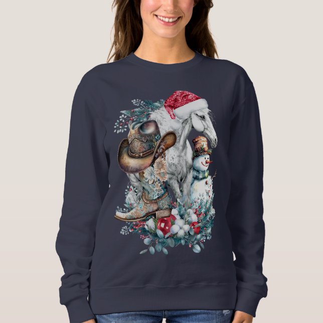 Christmas horse in Santa hat cowgirl cowboy boots  Sweatshirt (Front)