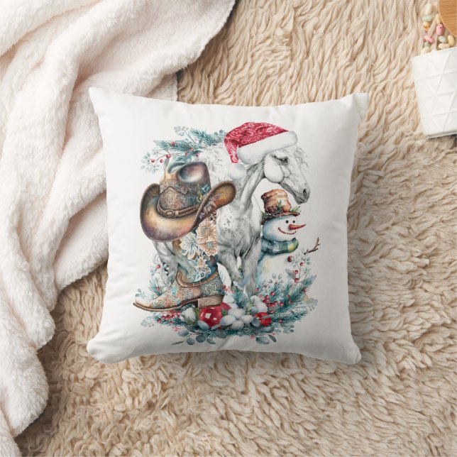 Christmas horse in Santa hat cowgirl cowboy boots  Throw Pillow (Blanket)