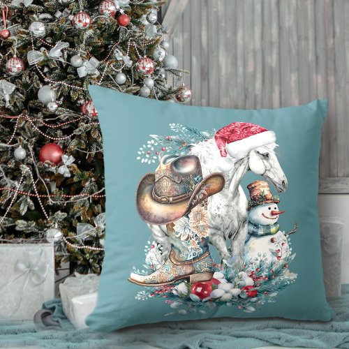 Christmas horse in Santa hat cowgirl cowboy boots  Throw Pillow