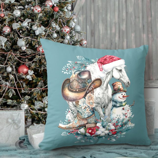 Christmas horse in Santa hat cowgirl cowboy boots  Throw Pillow (Christmas horse in Santa hat cowgirl cowboy boots Throw Pillow)