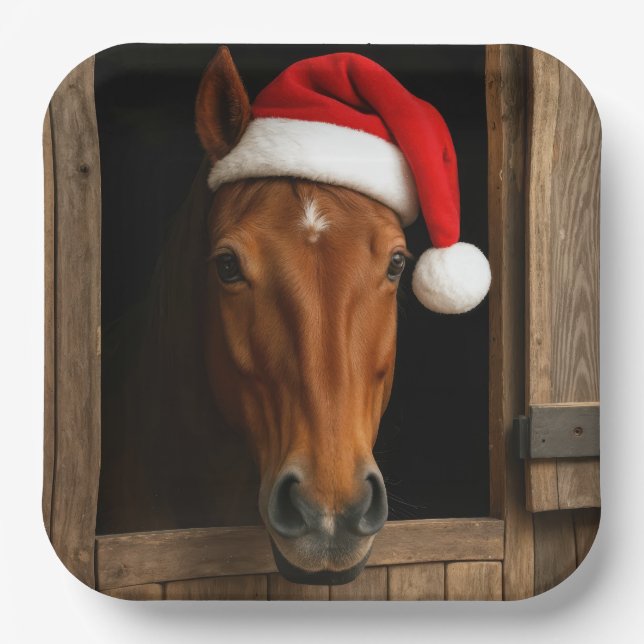Christmas Horse In Stable Window Paper Plates (Front)