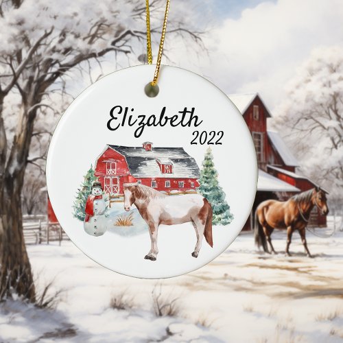Christmas Horse in the Snow Barn Western  Ceramic Ornament