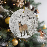 Christmas Horse in the Snow Winter Western Ceramic Ornament<br><div class="desc">This design was created though digital art. It may be personalized in the area provided or customizing by changing the photo or added your own words. Contact me at colorflowcreations@gmail.com if you with to have this design on another product. Purchase my original abstract acrylic painting for sale at www.etsy.com/shop/colorflowart. See...</div>