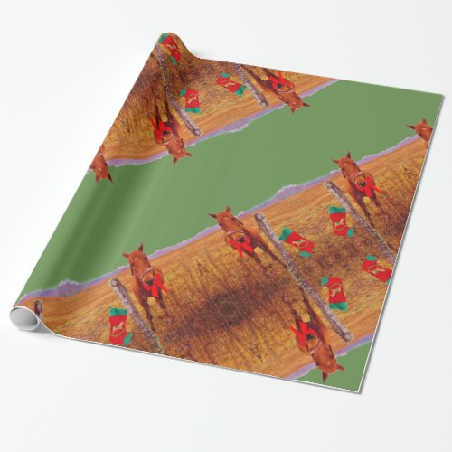 Christmas Horse Red bow  stocking green Stripes Wrapping Paper