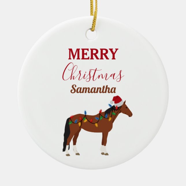Christmas Horse Santa Hat Xmas Lights  Ceramic Ornament (Front)