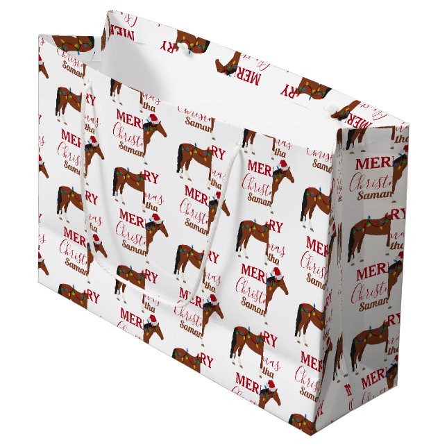 Christmas Horse Santa Hat Xmas Lights Large Gift Bag (Front Angled)