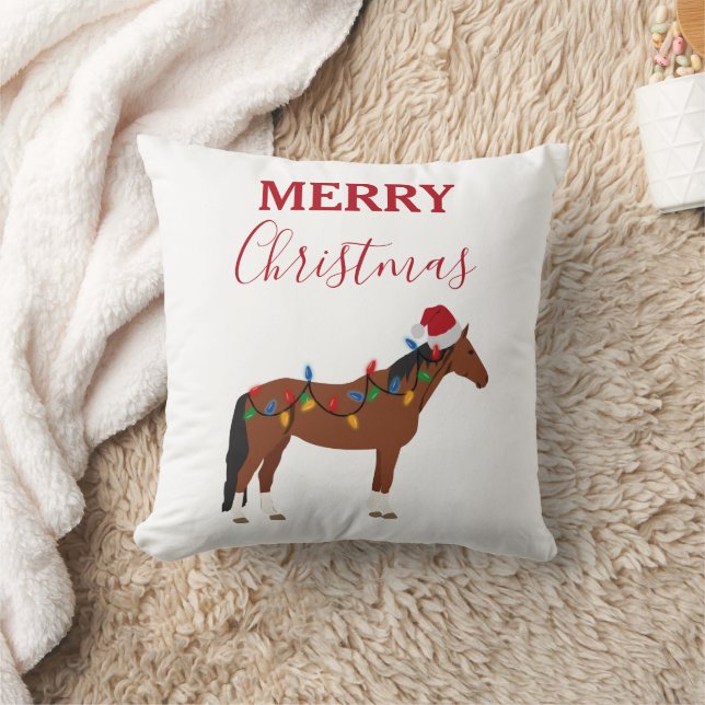 Christmas Horse Santa Hat Xmas Lights  Throw Pillow (Blanket)