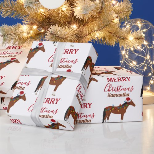 Christmas Horse Santa Hat Xmas Lights   Wrapping Paper