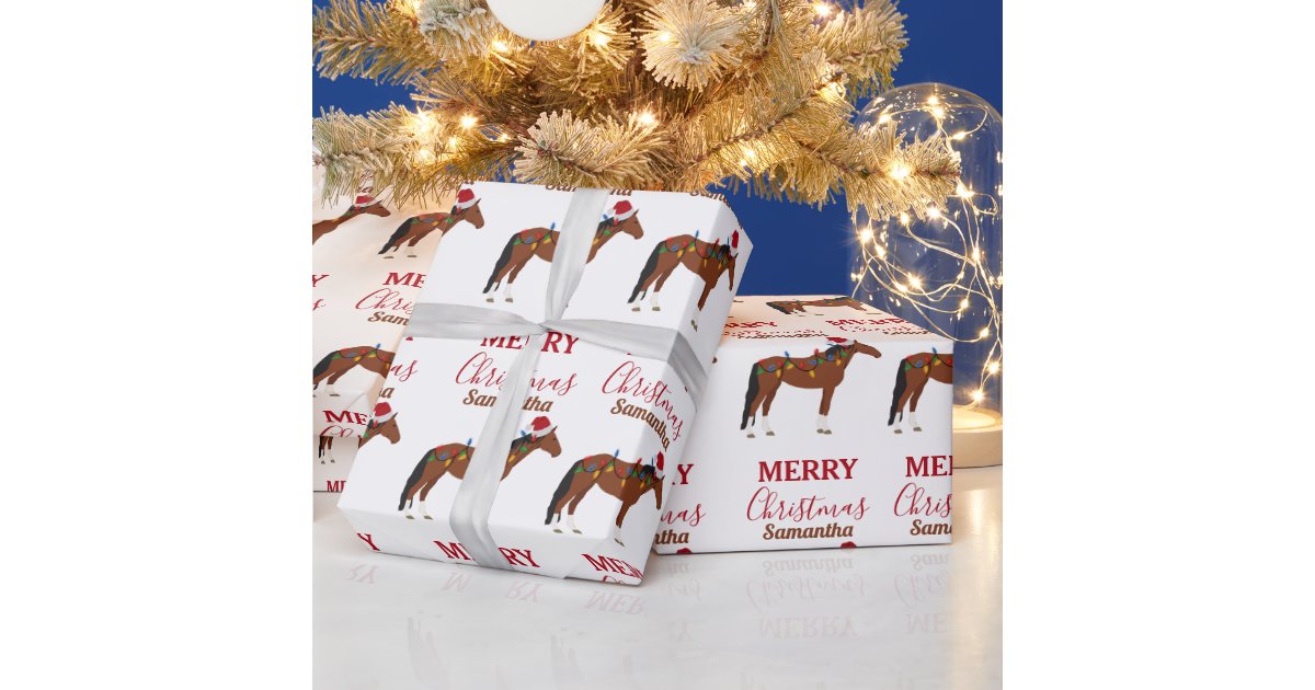 Christmas Horse Santa Hat Xmas Lights Wrapping Paper | Zazzle