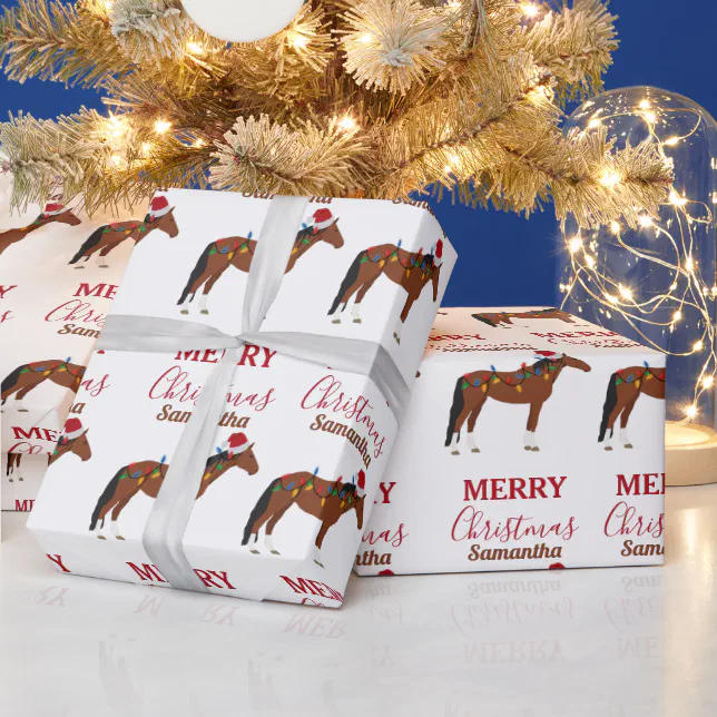 Christmas Horse Santa Hat Xmas Lights Wrapping Paper | Zazzle
