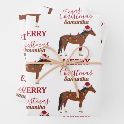 Christmas Horse Santa Hat Xmas Lights  Wrapping Paper Sheets