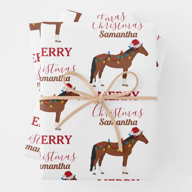 Christmas Horse Santa Hat Xmas Lights Wrapping Paper Sheets | Zazzle