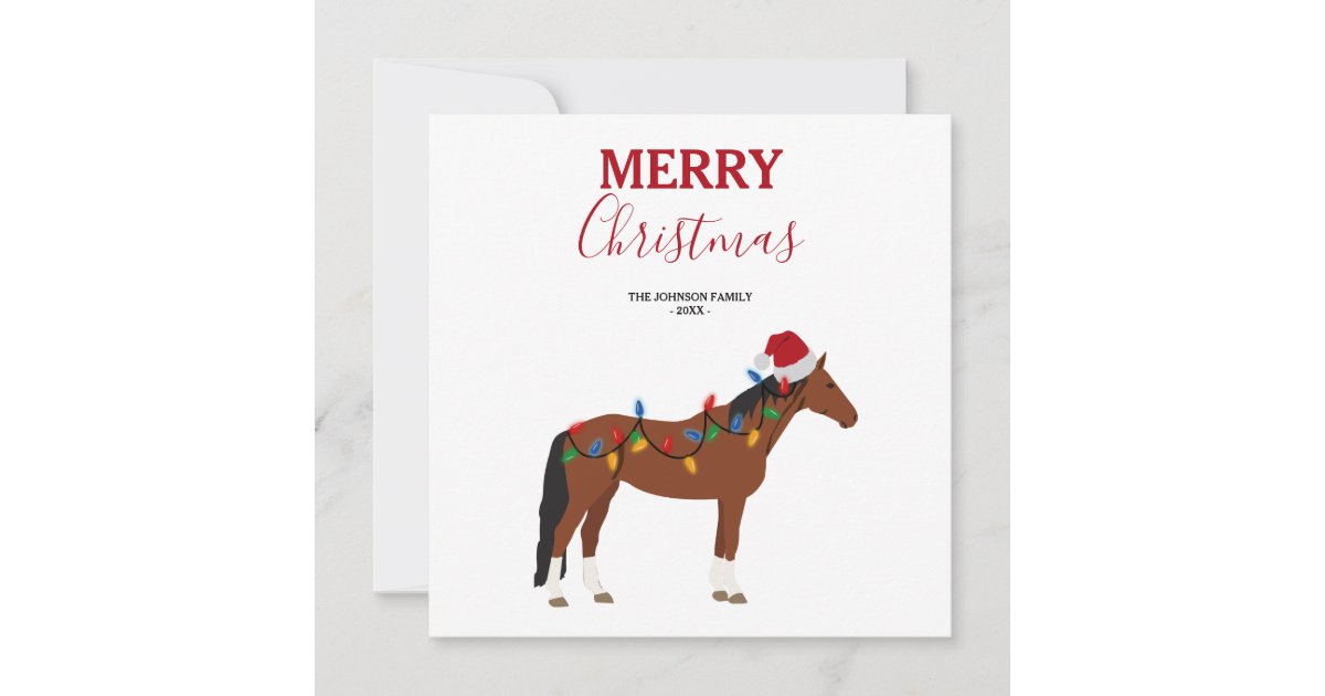 Christmas Horse Santa Hat Xmas Lights Xmas Holiday Card | Zazzle