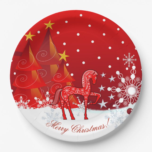Christmas Horse, Snowflakes,Trees & custom text Paper Plates (Front)