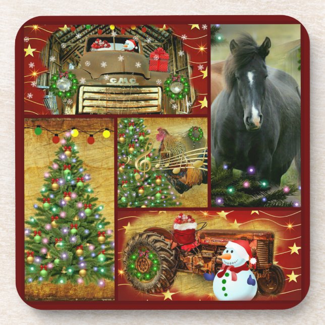 Christmas Horse Snowman truck tractor Beverage Coaster (Front)