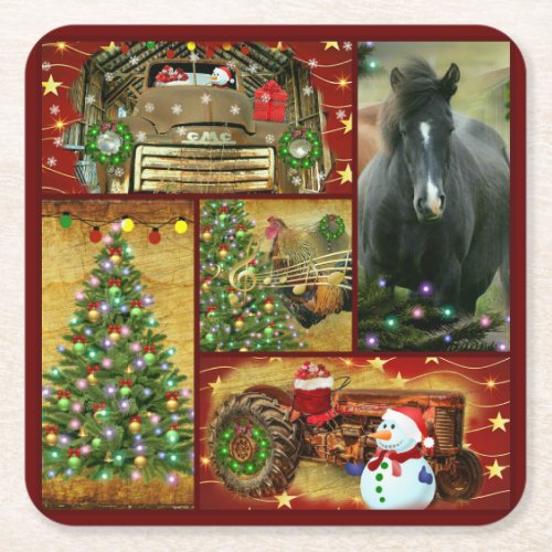 Christmas Horse Snowman truck tractor Square Paper Coaster