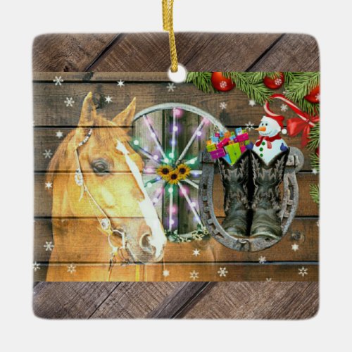 Christmas Horse Wagon Wheel Cowboy Boots Garland Ceramic Ornament