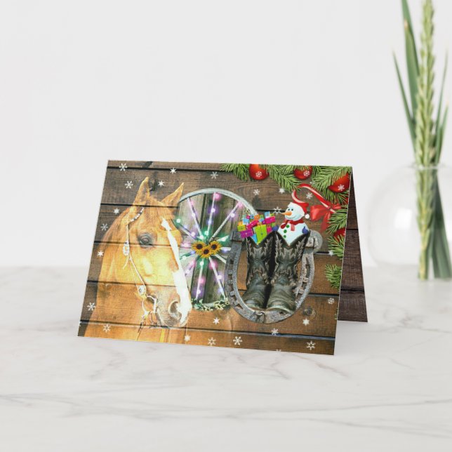 Christmas Horse Wagon Wheel Cowboy Boots Garland H Holiday Card (Front)