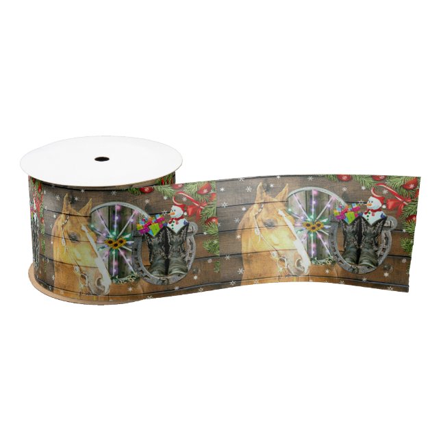 Christmas Horse Wagon Wheel Cowboy Boots Garland Satin Ribbon (Spool)