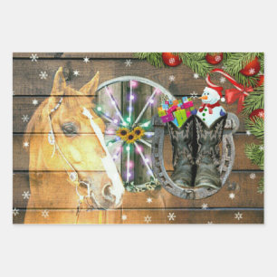 Christmas Horse Wagon Wheel Cowboy Boots Garland Wrapping Paper Sheets