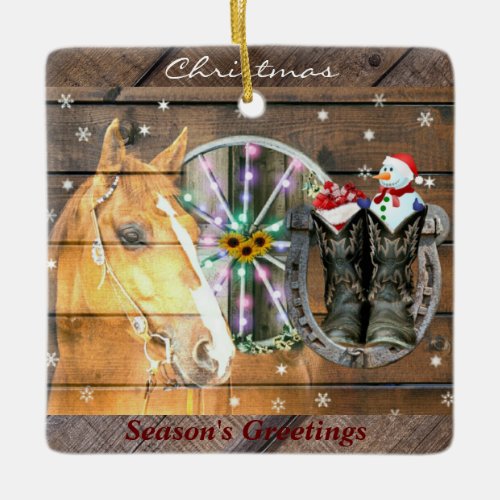 Christmas Horse Wagon Wheel Cowboy Boots Horseshoe Ceramic Ornament