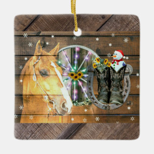 Christmas Horse Wagon Wheel Cowboy Boots Horseshoe Ceramic Ornament