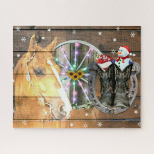 Christmas Horse Wagon Wheel Cowboy Boots Horseshoe Jigsaw Puzzle