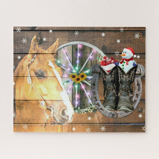 Christmas Horse Wagon Wheel Cowboy Boots Horseshoe Jigsaw Puzzle (Horizontal)