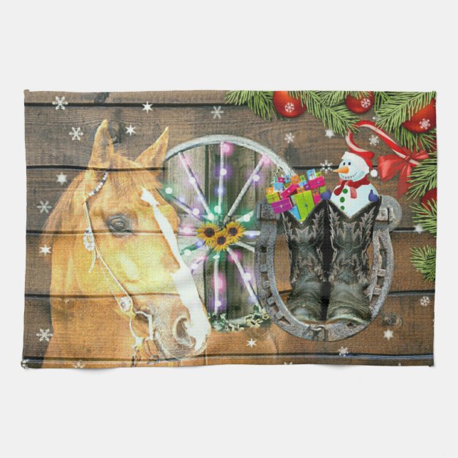Christmas Horse Wagon Wheel Cowboy Boots Horseshoe Kitchen Towel (Horizontal)