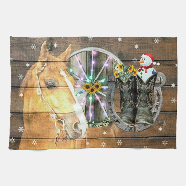 Christmas Horse Wagon Wheel Cowboy Boots Horseshoe Kitchen Towel (Horizontal)