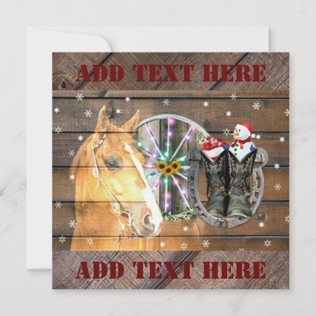 Christmas Horse Wagon Wheel Cowboy Boots Horseshoe Note Card (Front)