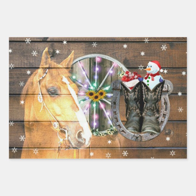 Christmas Horse Wagon Wheel Cowboy Boots Horseshoe Wrapping Paper Sheets (Front)