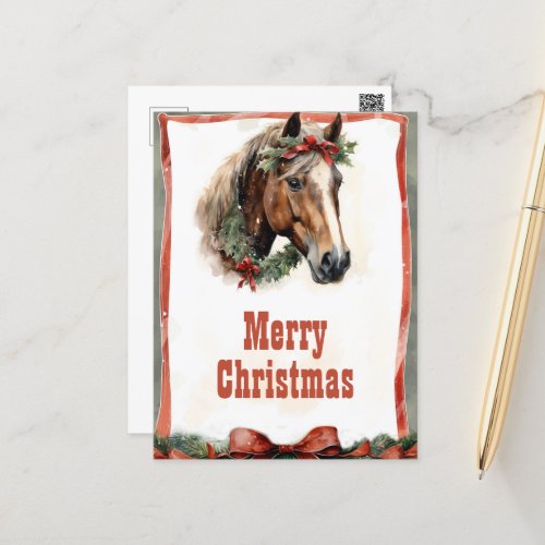 Christmas Horse Watercolor Postcard