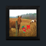 Christmas Horse with bow and stocking Keepsake Box<br><div class="desc">Christmas Horse with bow and stocking  Photo by Sandy Closs "Kissing under the mistletoe" , " Christmas Horse ",  Mistletoe ,  "funny horse""horse at christmas""christmas horse", christmas, ,  xmas horse,  horses</div>