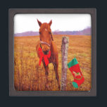 Christmas Horse with bow & stocking Keepsake Box<br><div class="desc">Christmas Horse with bow & stocking Photo by Sandy Closs "Kissing under the mistletoe" , " Christmas Horse ",  Mistletoe ,  "funny horse""horse at christmas""christmas horse", christmas, ,  xmas horse,  horses</div>