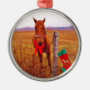 Christmas Horse with bow & stocking Metal Ornament