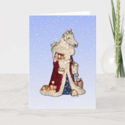 Christmas Horse with Corgi Elves Greeting Card