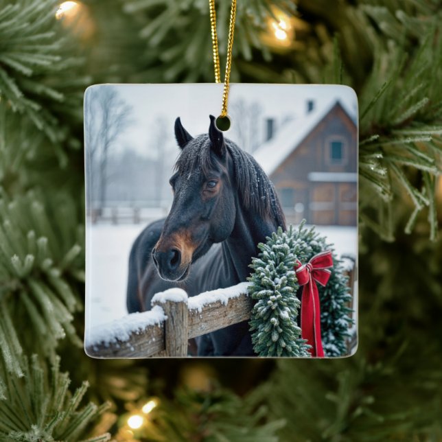 Christmas Horse With Wreath Ceramic Ornament (Tree)