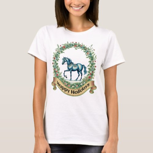 Christmas Horse wreath past Happy Holiday design T_Shirt