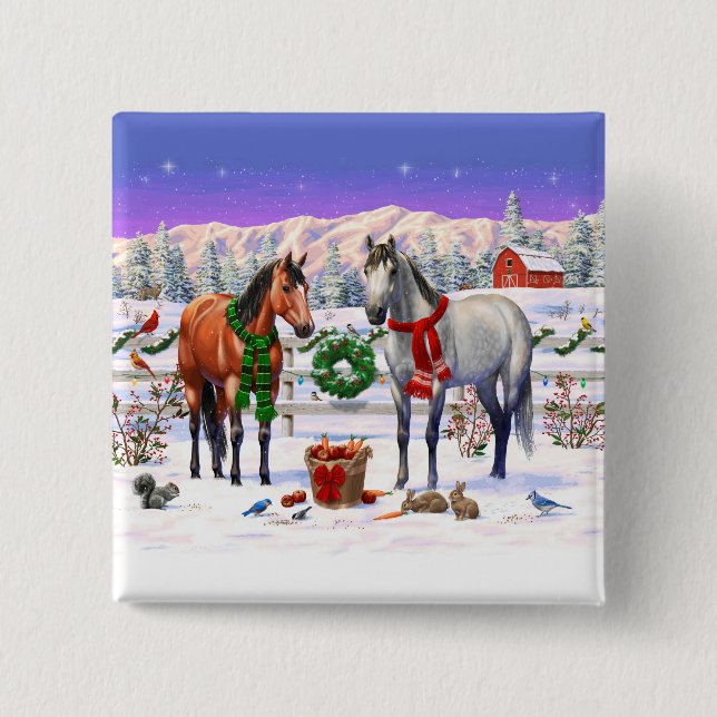 Christmas Horses in Snow Button (Front)