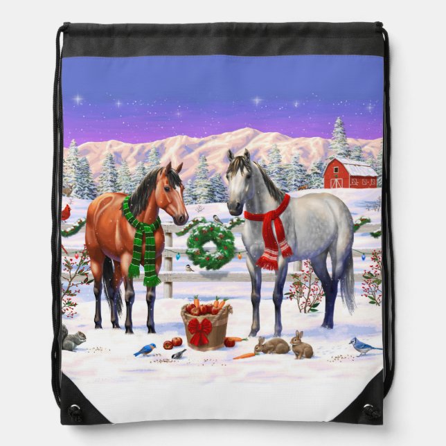 Christmas Horses in Snow Drawstring Bag (Front)