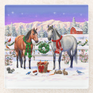 Christmas Horses in Snow Glass Coaster
