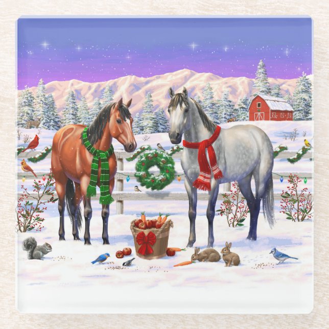 Christmas Horses in Snow Glass Coaster (Front)